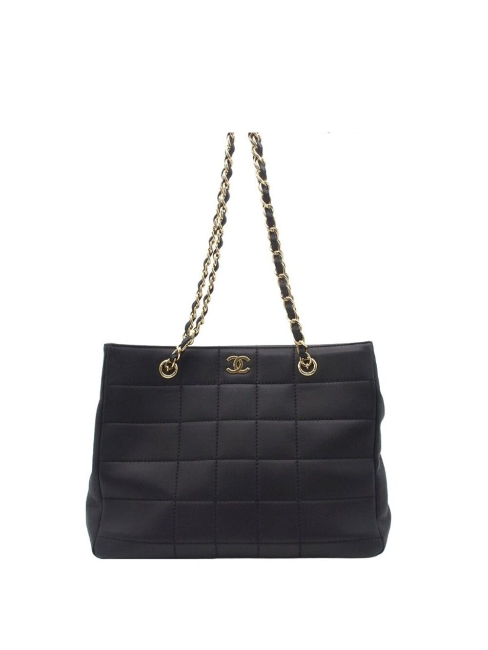 Chanel Tote Bag Choco Bar CC Logo Black Gold Lambskin